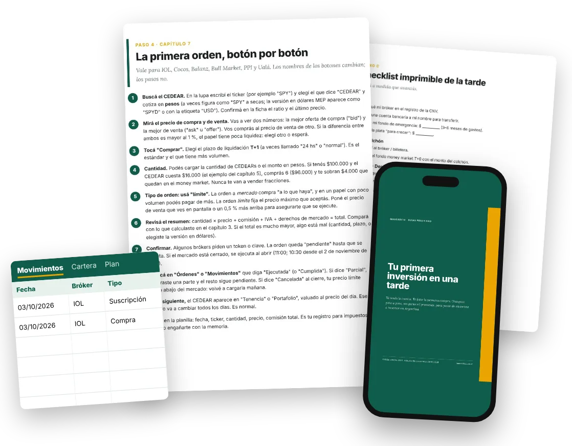Una página de la guía, con la portada en un celular, la planilla de seguimiento y el checklist imprimible